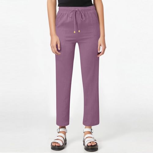 Straight Leg Linen Pants for Women Summer Slim Fit Drawstring High Waisted Pants Travel Beach Trousers with Pockets3