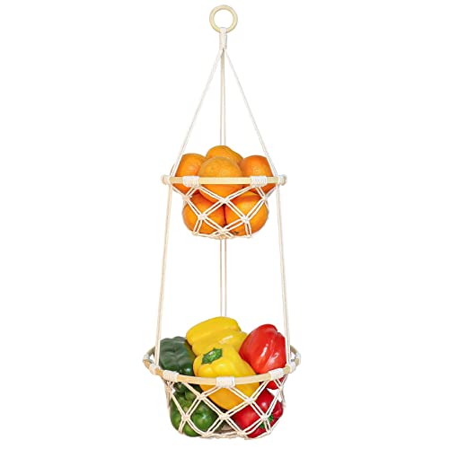 2 Tier Macrame Hanging Fruit Basket, Boho Vegetable Holder for Kitchen Food Storage with Hook, Bohemian Cotton Produce Multi Organizer, Plant Hanger Decor for Home Living Room Women Christmas Gift