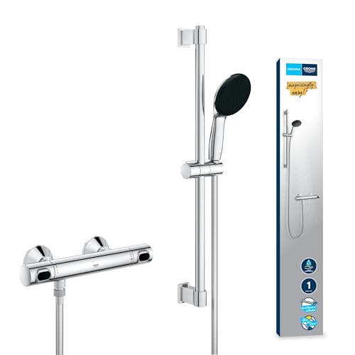 GROHE Precision Flow Mitigeur Thermostatique Douche, Ensemble de Douche 1 jet avec barre 60cm, Economie d'eau, A coller avec GROHE QuickGlue ou à visser,...