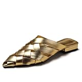 UZUJBAA Women's Leather Braided Chunky Low Heel Backless Caged Slippers Sandals Fashion Hollow Point Close Toe Block Heel Slingback Slip-On Mule Slides For Leisure Walking Shopping Daily (gold,8.5)