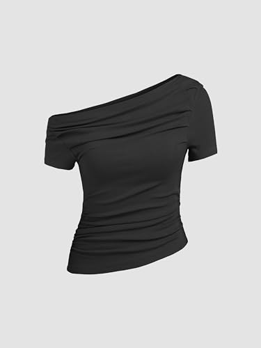 CIDER Asymmetrical Neck Ruched Short Sleeve Top2