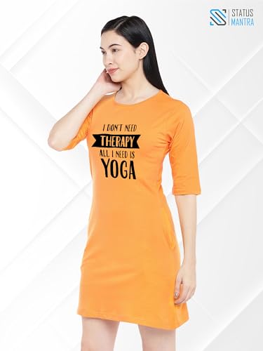 Image of STATUS MANTRA Women's Long T-Shirt Dress - Cotton Casual Knee Length Dress with 3 /4 Sleeves | Soft Bio-Washed Fabric, Crew Neck, Relaxed Fit | Comfy Summer Lounge Wear