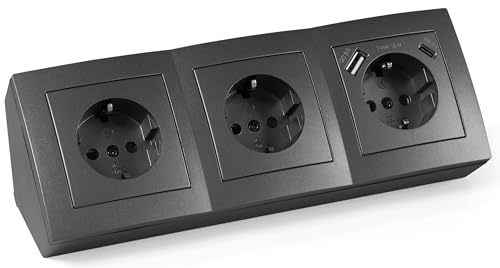 MC POWER - Bloque de enchufes con bases de enchufe empotrables I Flair I 3 bases de enchufe + USB-C/A, cable de 15 cm con terminal de lustre, 250V~ / 16A, montaje en superficie, antracita mate