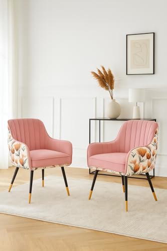Image of Velvet Chair with Floral Pillow for Home | Modern Accent Armchair in Soft Velvet Fabric with Golden Legs | Set of 2 Premium Accent Chair for Living Room Bedroom (Pink Floral)