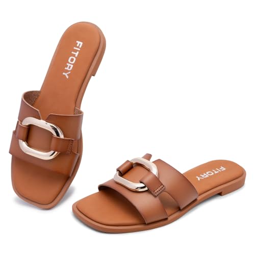 FITORY Women's Slide Sandals, Flat Fashion Square Open Toe for Summer | Cushion Slippers, Cute Dressy Casual Comfortable Shoes, Great for the Beach, Pool, Party and Daily Outings