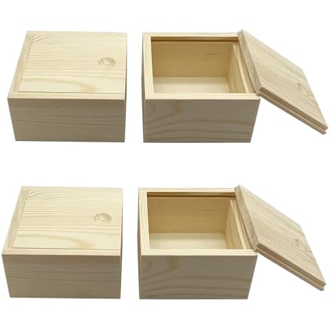 LONG TAO 4Pcs 3.5''x3.5''x1.9'' Unfinished Wood Box Square Wooden Treasure Boxes Wooden Storage Box Natural DIY Craft Stash Boxes with Slide Top for Crafts Art Hobbies Home Storage Cover