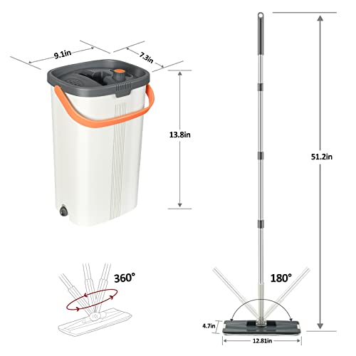 Jelymark Flat Mop And Bucket With Wringer Set, Separates Dirty And Clean Water, 3-Chamber Mop Wet And Dry Use, Hands Free Squeeze Mops For Floor Cleaning, 4 Reusable Microfiber Mop Pads Included #TOP5
