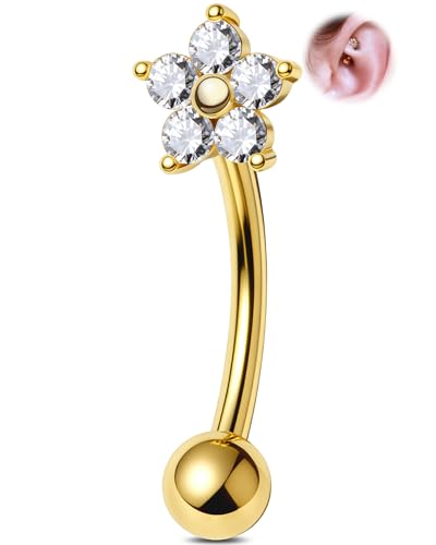 OUFER 16G 6mm Fleur Piercing Rook en Acier Chirurgical 316L, Or Barre Courbée pour Sourcil Eyebrow, Piercing Hélix Conch Lobe Labret Tragus avec Zircon...