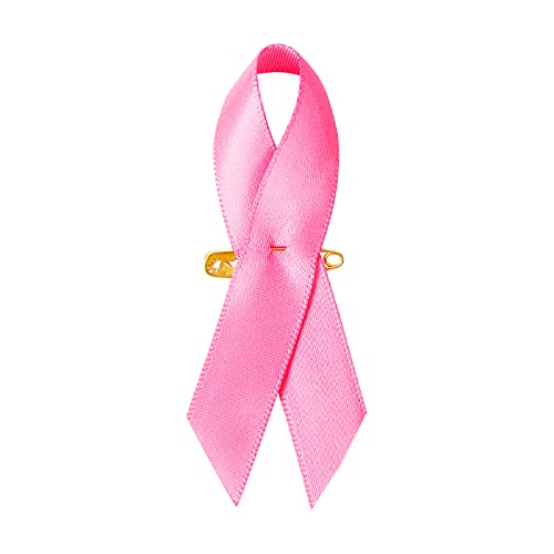Image of 200 Pieces Breast Cancer Awareness Accessories Bulk Items Pink Satin Awareness Ribbons with Safety Pins 1.4 x 3 inch