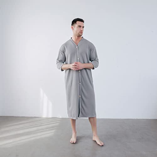 Jinda Men's Soft Robe Button Down House Coat Nightgown Summer V Neck Comfy 3/4 Sleeve Housecoat Sleep Shirt4