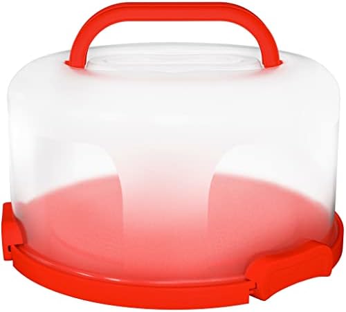 Flixeno Large Sturdy Red Round Cake Carrier Holder Up to 10 inch Multi Purpose Cover Five Section Serving Tray Keeper for Easily Hold & Transport Cakes Pies & Cupcakes with Collapsible Handles + 3 Extra Clips