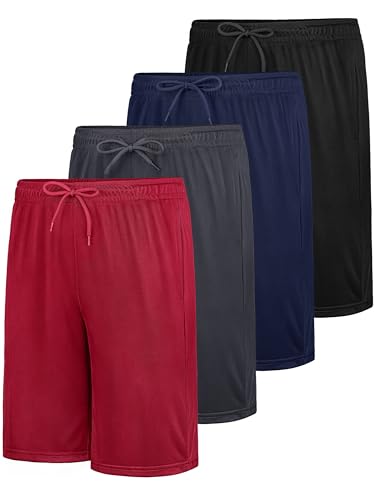 JORHIG 4 Pack Boys Athletic Shorts with Pockets Tricot Kids Youth Quick Dry Active Basketball Sports Shorts with Drawstring Navy, Dark Gray, Black, Red Set C 10-12Years