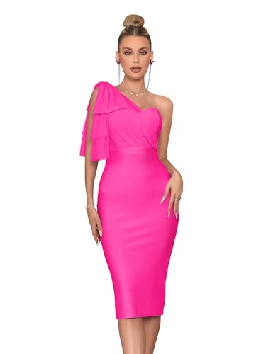 Image of Mesh One Shoulder Bow Bodycon Midi Graduation Birthday Dinner Dress Bandage Party Dress