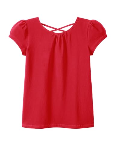 KEREDA Girls Shirts Fashion Cross-Back T-Shirt Cute Puff Short Sleeve Crew Neck Summer Tees Tops Clothes for Kids 7-8 Years Red