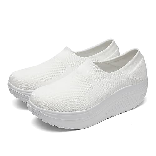 Image of Women's Knitted Platform Slip On Walking Sneakers,Comfort Lightweight Arch Support Non Slip Casual Mesh Breathable Workout Work Shoes