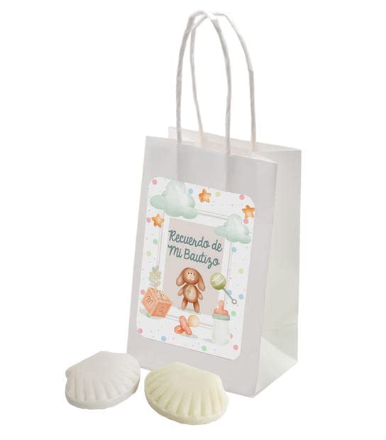 JABON Y BOLSA CON PEGATINABAUTIZO LOTE 25unidades Recuerdos. Regalos Originales. Papelería.Detalles de Bodas, mi primera Comuniones, Bautizos, Cumpleaños.