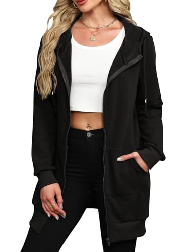 Locryz Women's Casual Pockets Zip Up Hoodies Fleece Tunic Sweatshirt Long Hoodie Jacket Coat