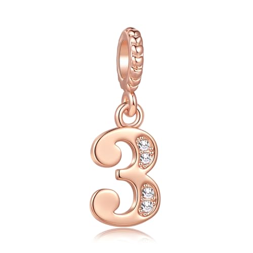 LSxAB Abalorio de oro rosa con números de la suerte del 0 al 9 compatible con pulseras Pandora para mujer, regalo de cumpleaños, Cobre, No es una piedra preciosa