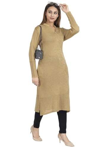 Image of Rosary Women's Winter Woolen Kurti Knitted Solid Straight Fit Ethnic Wear with 2 Side Pockets Light Camel