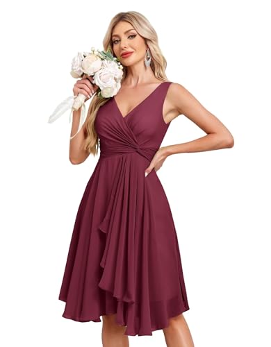 Image of Women's V Neck Short Bridesmaid Dresses 2025 Ruched Waist A Line Chiffon Formal Cocktail Party Dress