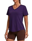 PINSPARK Paradas de entrenamiento suaves para mujer, manga corta, cuello en V, absorben la humedad, secado rápido, camisetas de gimnasio, Deep Purple, S