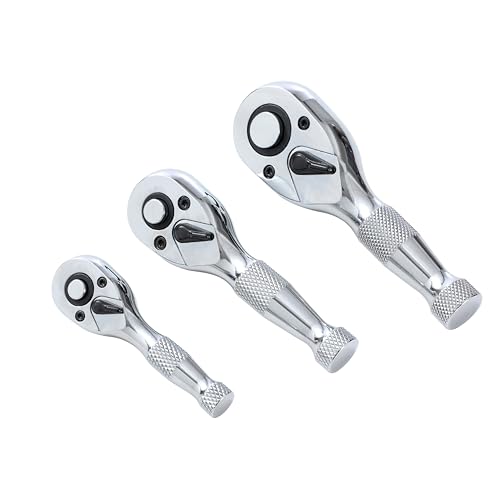 TOPWAY Stubby Ratchet Handle Set 3PCS (1/4, 3/8, 1/2) – 72 Teeth Quick Release Reversible Ratchet Wrench Set – Compact Mechanic Tool for Auto Repair & Garage Use, Model 420008