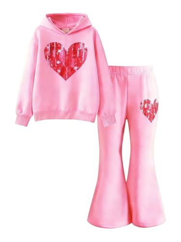 Image of 6-13 Years Girls Clothing Heart Print Hoodie Top + Heart Print Flare Leg Pants 2PC Clothing Set