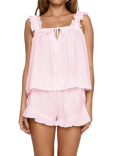 Womens Ruffle Short Set 2 Piece Outfits Fashion Summer Sleeveless Top and Shorts Cozy Pajama Sets