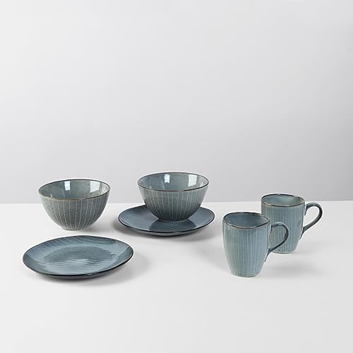 Broste Copenhagen Nordic Sea Frühstücksset für Zwei in der Farbe Blau, aus Steingut gefertigt, Spülmaschinen– und mikrowellenfest, 80019823