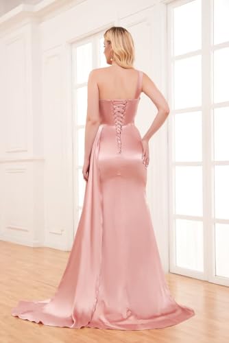 One Shoulder Bridesmaid Dresses Satin Mermaid Long Formal Dresses Pleated Prom Dress for Wedding Women2