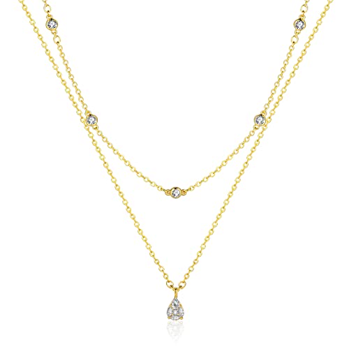 Mesovor Collar de diamantes para mujer, Collar de oro delicado Collares en capas chapados en oro de 18 quilates | Regalos de la joyería del collar de la cruz de la lágrima (lágrima cz-oro)
