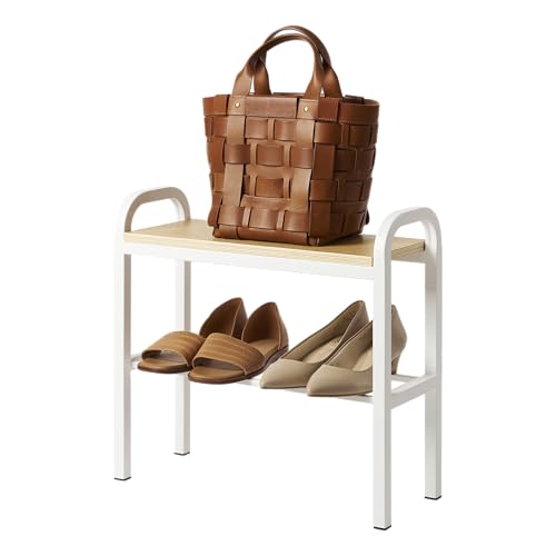 Image of Yamazaki 4787 Easy Standing Bench Shoe Rack, White, Approx. W 18.9 x D 7.5 x H 18.1 inches (48 x 19 x 46 cm), Tower, Entrance Bench, Shoe Rack with Handle