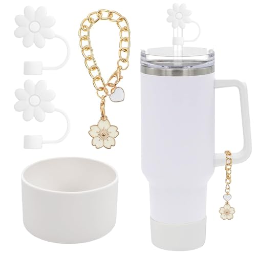 SEMATA Accessories for Stanley Cup Set,2Pcs Flower Straw Cover Caps 10mm Reusable White Straw Toppers,1Pcs Cute Handle Charm and 1Pcs Silicone Boot Sleeve for Stanley 30&40oz Tumbler
