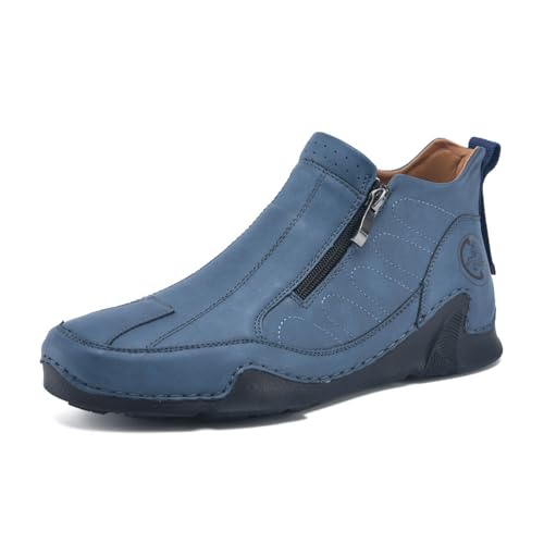 Image of Men's Leather Comfortable Slip on Chukka Ankle Boots Outdoor Lightweight Non-slip Side Zipper Flat Driving Shoes for Walking Hiking