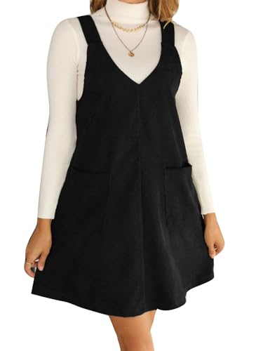 Damen Lässiges V-Ausschnitt Cord Overall Kleid Ärmellos A-Linie Latzkleid Kleider mit ausgestelltem Saum für Damen
