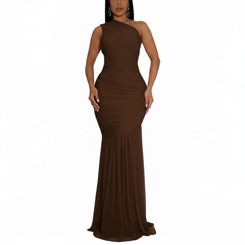 AIIYYQB Women's Sexy One Shoulder Sleeves Bodycon Ruched Long Elegant