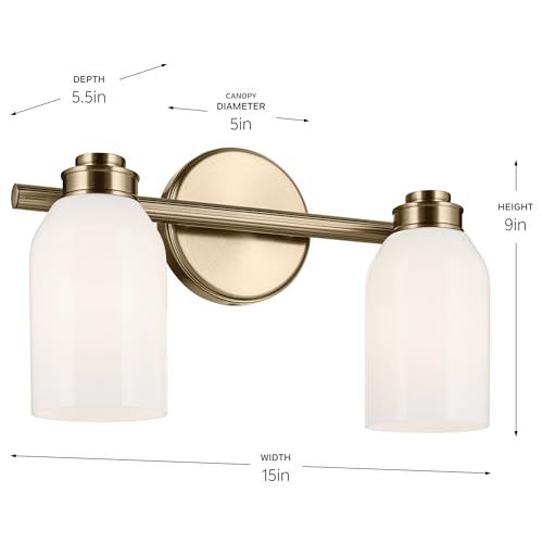 Image of Kichler Shae 2-Light Bathroom Vanity Light, Champagne Bronze | White opal glass vanity light for modern bathroom mirrors (15 inch x 9 inch), 55201CPZ