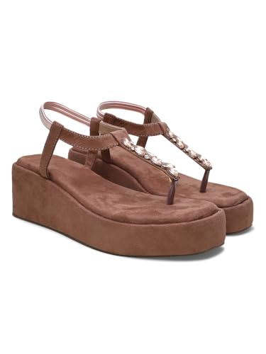 Image of TRYME T-Strap Embellished Wedges Heel Sandals for Women | Soft Suede Comfort Slip-On Sandals for Wedding, Festive & Elegant Styling