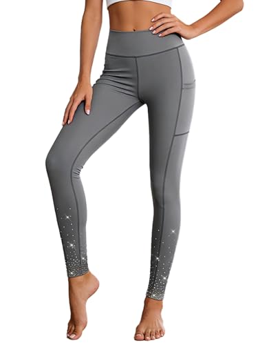 LiiYii - Leggings para mujer con diamantes de imitación, pantalones de yoga, pilates, danza, mallas para correr, correr, correr, correr, mallas y gimnasia, ropa deportiva, gris oscuro, XL