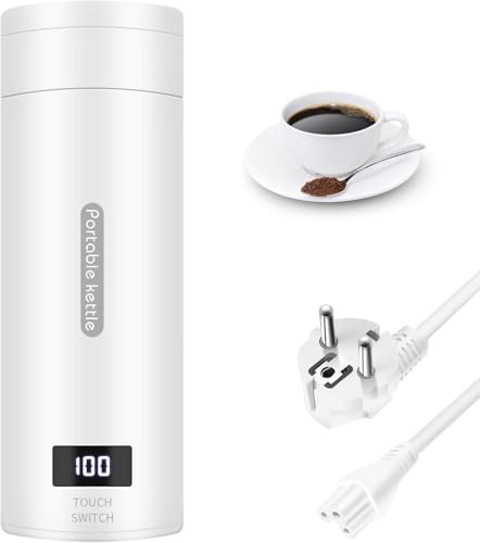 Focenat Hervidor Agua Electrico Pequeño, Hervidor de Viaje Portátil, Mini Taza de Calefacción, 3 en 1 Taza de Agua Eléctrica, Temperatura Ajustable, Apagado Automático para Té, Leche, Café (Blanco)
