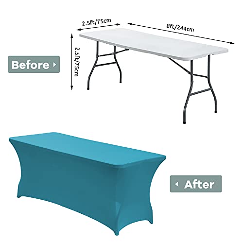 Image of CWK 8FT Waterproof Stretch Spandex Table Cover for Rectangular Tables - Elastic Fitted Tablecloth for Folding Tables,Wrinkle Resistant Table Cloth for Parties, Weddings, Banquets & Events (Teal)