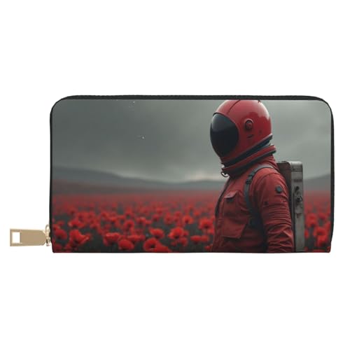 Retro Red Astronaut Print Wallet Women, Leather Bifold Multi Card Wallet, Long Purse Women's Wallets