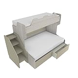  MOBILFINO CAMERETTE SMART120 - Letto a castello con letto inferiore 1piazza e mezza con scaletta contenitore indipendente - Bianco effetto legno e ecrù cappuccino, con cassettoni estraibili