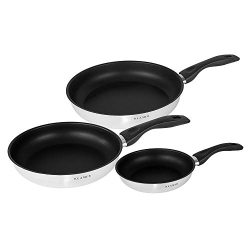 KLAMER 3-teiliges Pfannenset Induktion (20 + 24 + 28 cm), hochwertige Profi Edelstahlpfanne antihaftbeschichtet, backofenfest & spülmaschinengeeignet