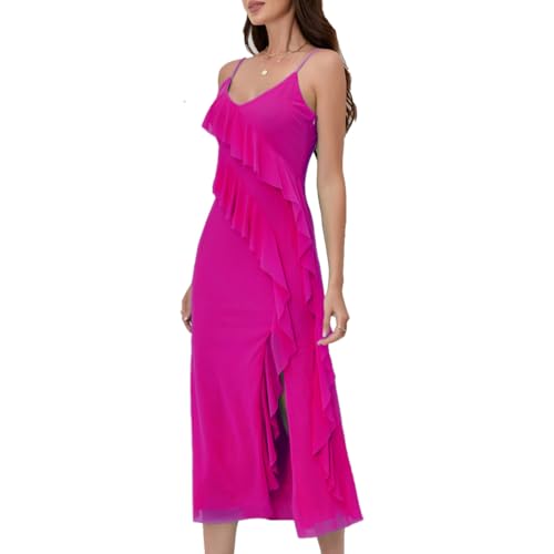 Image of Women's Spaghetti Strap Ruffle Side Split Long Dress Bodycon Beach Maxi Dresses