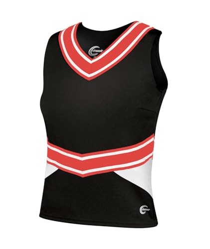 chassé Cheerleading Uniform Top for Girls - Blaze Boost, Fitted V-Neck Shell Top (Black/White/Orange, AM)