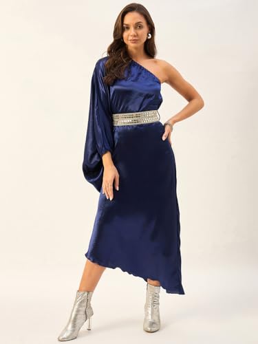 Image of DRAPE AND DAZZLE Women one Shoulder Kaftan Dress with Mirror Work Belt | Summer Westner Wear Dress| DD-115
