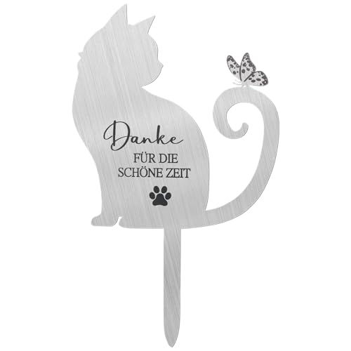 Gedenkstein Katze,Metal Grabplatte mit Gravur Katze Gedenkstein Grabschmuck Wetterfest mit Spruch Danke für die schöne Zeit Gartendeko Gartenstecker GartenDeko Grabdekoration Edelstahl Grabschmuck (B)