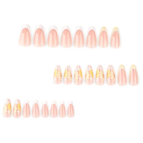 Image of Yellow Flower Press on Nails French Tip Fake Nails with Design Spring Summer Glue on Nails Reusable Artificial Acrylic Full Cover Stick on Nails Medium Almond False Nails for Women Manicure 24Pcs