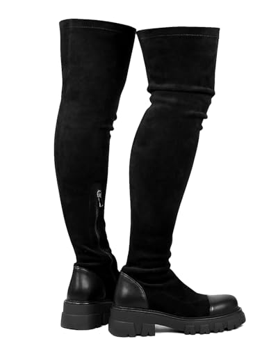 Image of CouieCuies Black Thigh High Boots For Women Platform Over The Knee High Boots Lug Sole Comfortable Stretch Boots 6-11
